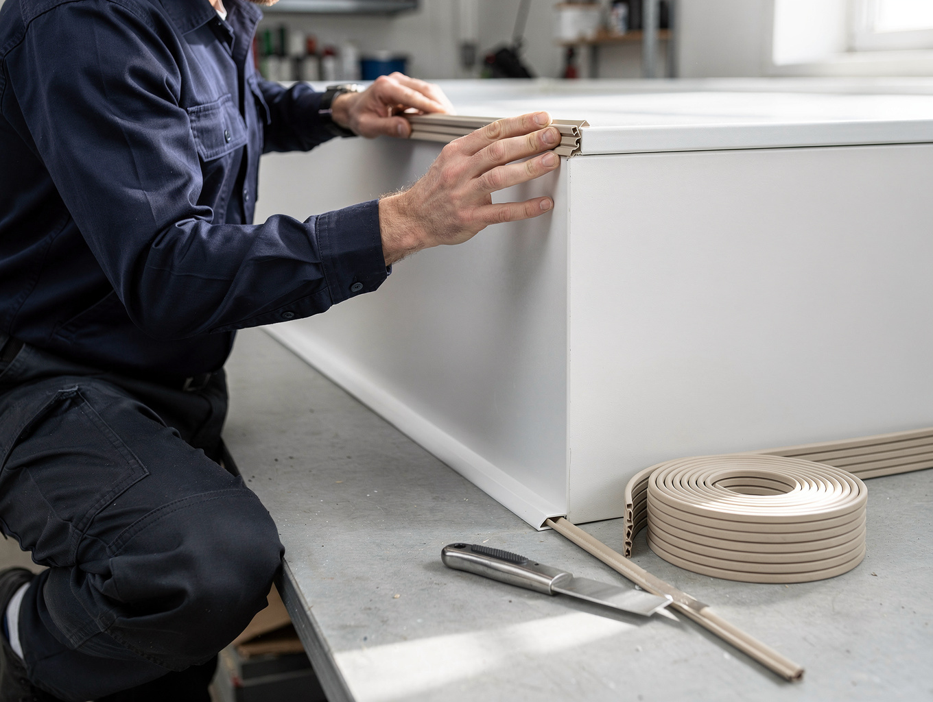Technician replacing a worn freezer door gasket seal