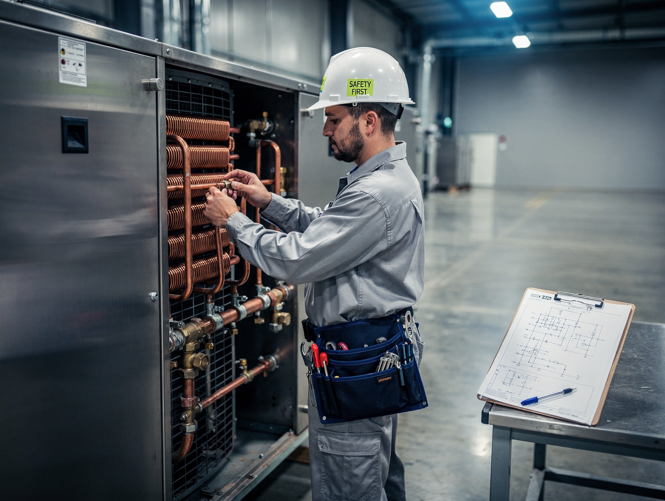 Technician inspecting freezer cooling coils and evaporator