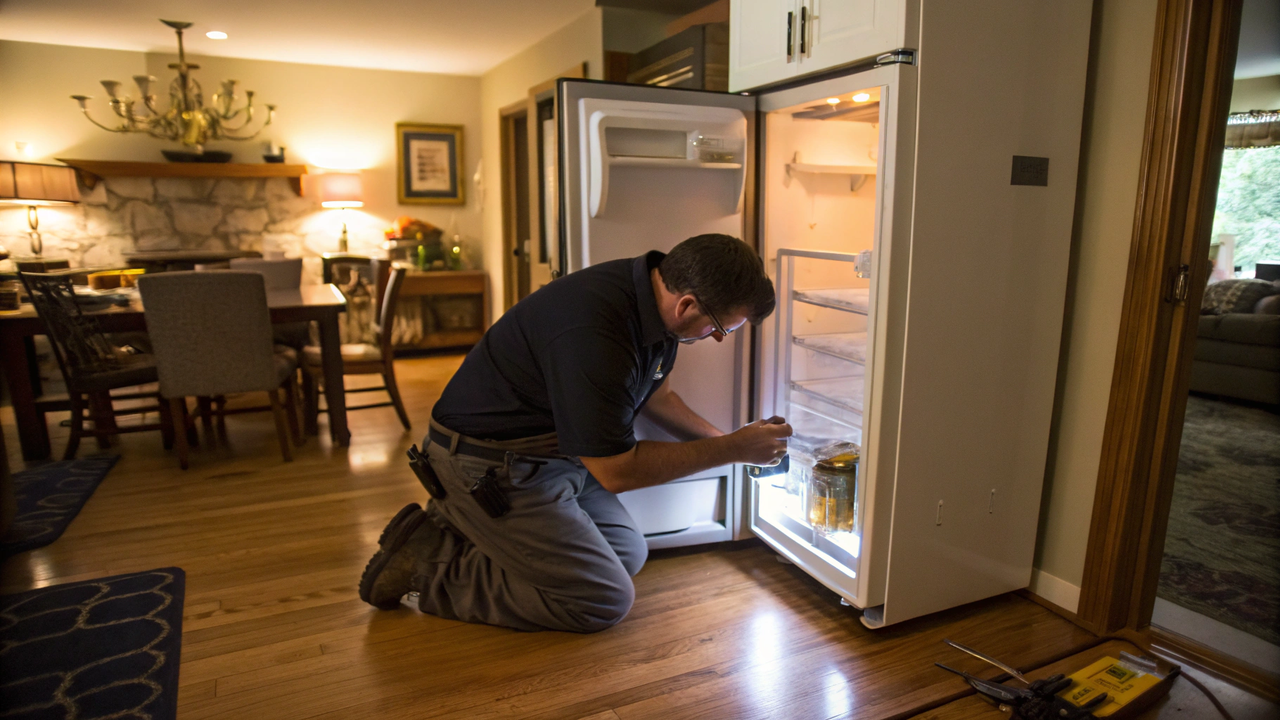 Professional technician repairing a modern refrigerator in a home kitchen