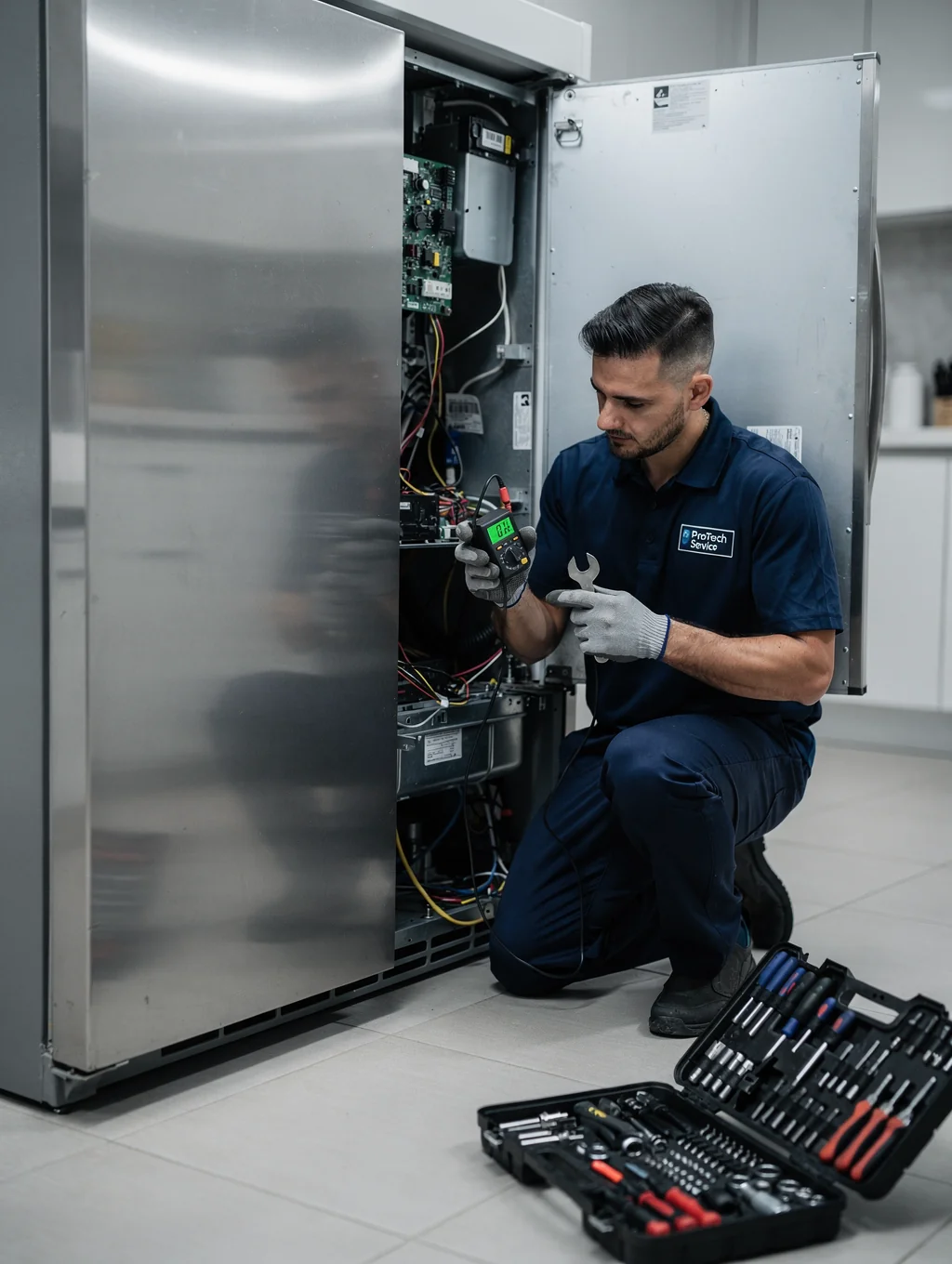 Technician inspecting a refrigerator compressor in a home kitchen