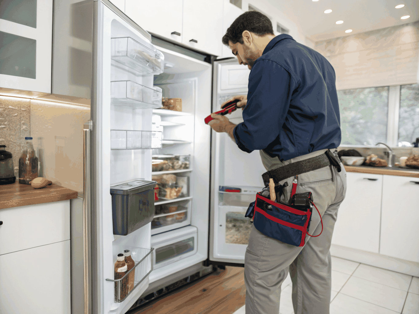 Close up of a technician diagnosing an ice maker issue