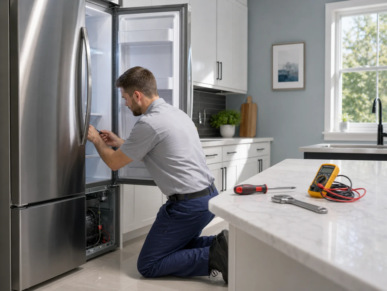 Technician inspecting refrigerator condenser coils for cooling issues