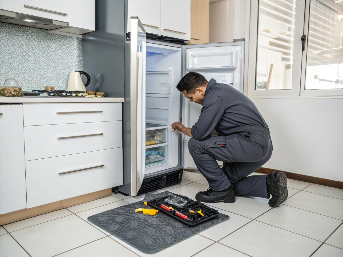 Technician inspecting refrigerator evaporator coils