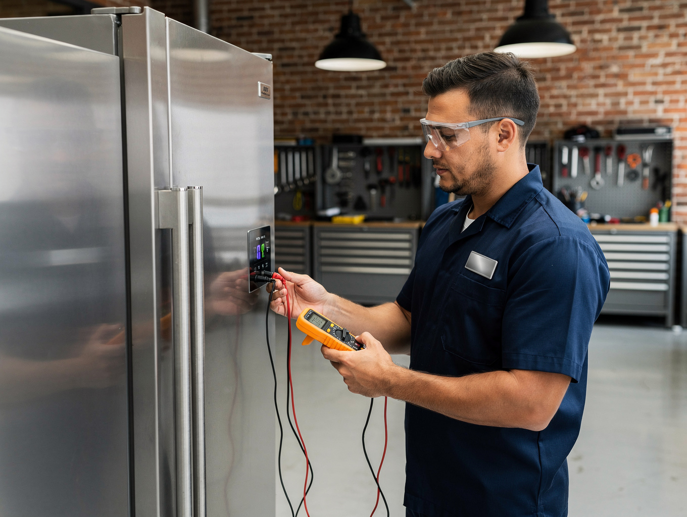 Technician conducting diagnostic multimeter test on refrigerator compressor