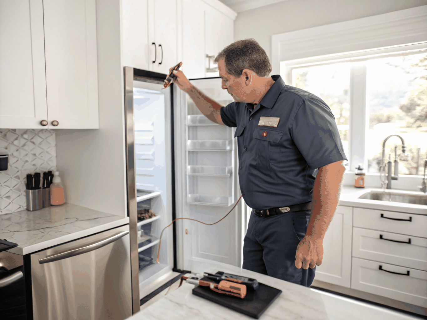 Technician performing diagnostic check on refrigerator
