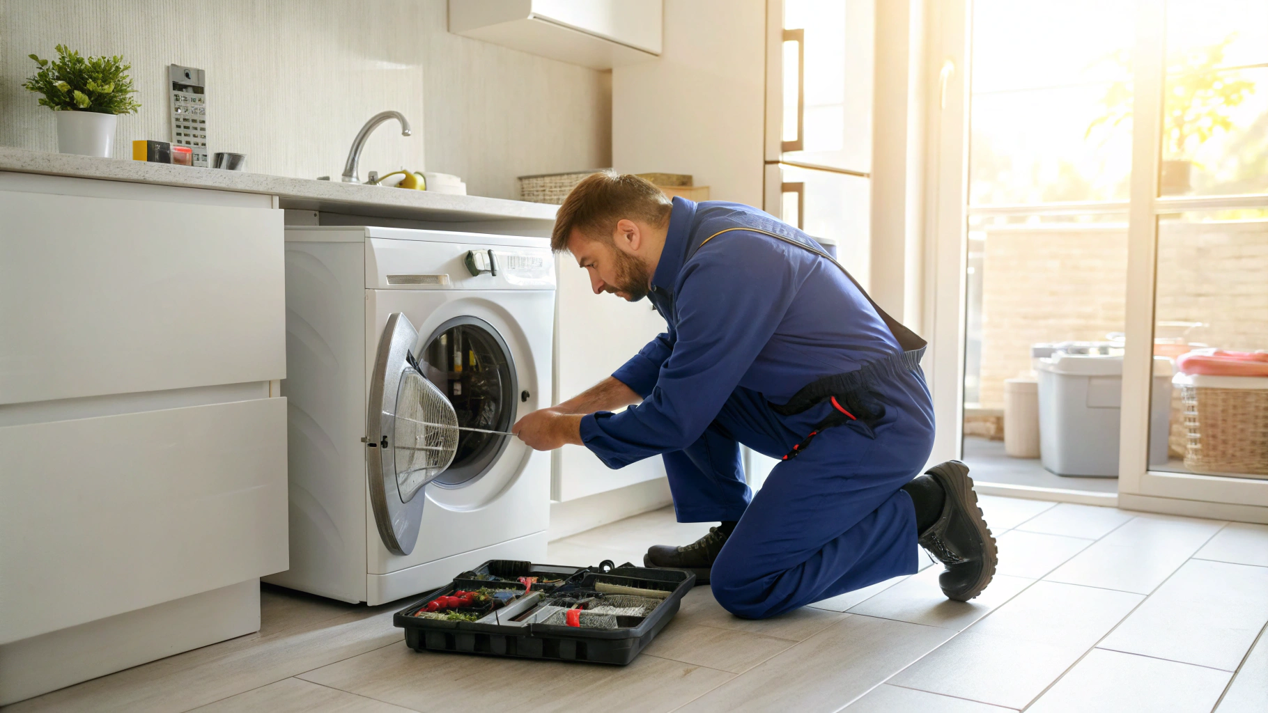 Technician repairing a modern refrigerator in an Atlanta home kitchen